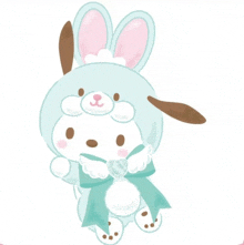 a stuffed animal wearing a bunny costume with a bow around its neck