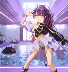 a girl in a purple dress is standing in front of a pool