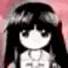 a black and white drawing of a girl with long black hair and a white face .