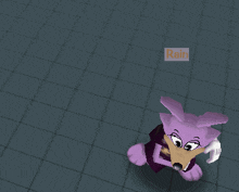 a purple cartoon character with a sign that says rain on it