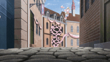 a cartoon cat is walking down a cobblestone alleyway