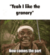 a man is smiling and holding an umbrella with the caption " yeah i like the granary "