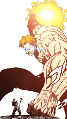 a drawing of a giant man standing next to a smaller man with a hammer .