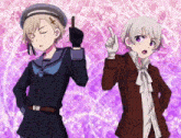 two anime characters are standing next to each other and one is pointing up