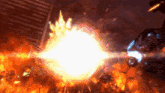 a computer generated image of an explosion with a helicopter in the foreground
