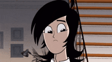 a cartoon character with black hair is making a face