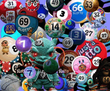 a collage of lottery balls including one with the number 69 on it