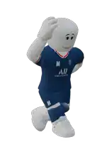 a white cartoon character wearing a blue jersey that says all