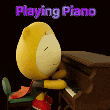 a cartoon character is playing a piano with the words " playing piano " above it