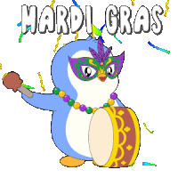 a penguin wearing a mask and holding a drum with the words mardi gras written above it