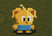 a pixel art of a yellow dog with a blue shirt on