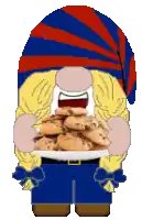 a cartoon gnome is holding a plate of chocolate chip cookies