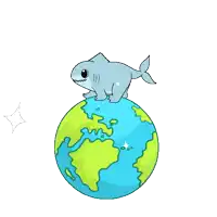 a cartoon shark standing on top of a globe
