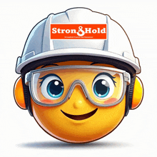 a cartoon smiley face wearing a hard hat and goggles with a strong hold logo on it