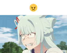 a girl with white hair and a yellow smiley face with an angry face on it