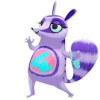 a cartoon drawing of a purple raccoon with a pink and blue circle on her belly