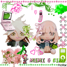 a collage of stuffed dolls with the words mimi & eiko on the top
