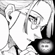 a black and white drawing of a man wearing glasses and the name michael de ale