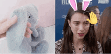 a person holding a stuffed animal next to a woman wearing bunny ears on her head