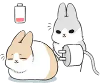a cartoon rabbit is plugged into a charger and has a 100 % battery