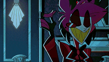 a cartoon character is standing in front of a door with a light hanging from it