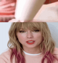 a woman with blonde hair and pink highlights is wearing a pink sweatshirt
