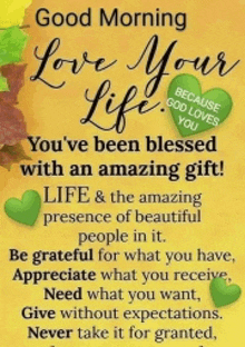 a poster that says " good morning love your life "