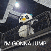 a panda mascot standing on a balcony with the words " i 'm gonna jump " below it