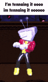 a pixel art drawing of a cartoon character that says " i 'm tennaing it "