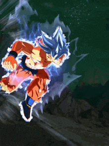 a cartoon character with blue hair and orange pants is fighting another character
