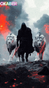 a painting of a man standing next to two lions with the word okaber above him