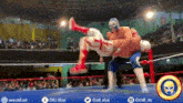 two wrestlers are fighting in a wrestling ring .