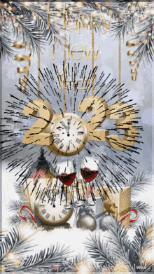 a new year 's greeting card with a clock and two glasses of wine