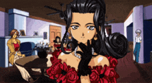 a woman in a red dress and black gloves stands in a room