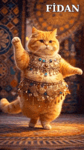 a cat wearing a belly dancer outfit with the name fidan written above it