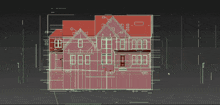 a drawing of a house with a red roof and white windows