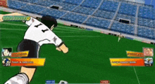 a soccer game is being played in a stadium with a player wearing a number 7 jersey