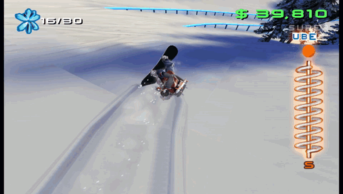 a video game screen shows a snowboarder going down a snowy hill