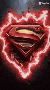 a superman logo is surrounded by red lightning and a caption that says capcut