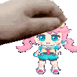 a pixel art drawing of a girl with pink hair and blue eyes