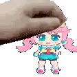 a pixel art drawing of a girl with pink hair and blue eyes