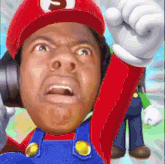 a man dressed as mario wearing headphones and a red hat with a letter s on it
