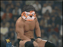 a pixelated image of a man with a tiger mask on his head