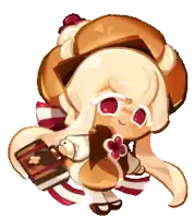 a cookie run character is holding a book and a cupcake .