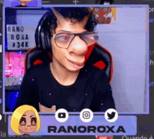 a man with horns is wearing headphones and glasses and has the name ranoroxa on the bottom