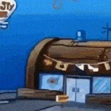 a cartoon drawing of a building with a sign that says ' stv ' on it .