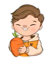a cartoon boy is holding a large carrot in his hands .