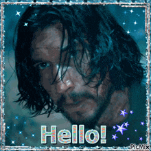 a picture of a man with long hair and a beard that says hello on it