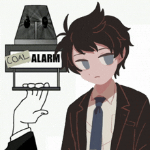 a man in a suit stands in front of a sign that says coal alarm