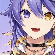 a close up of a girl with purple hair and yellow highlights